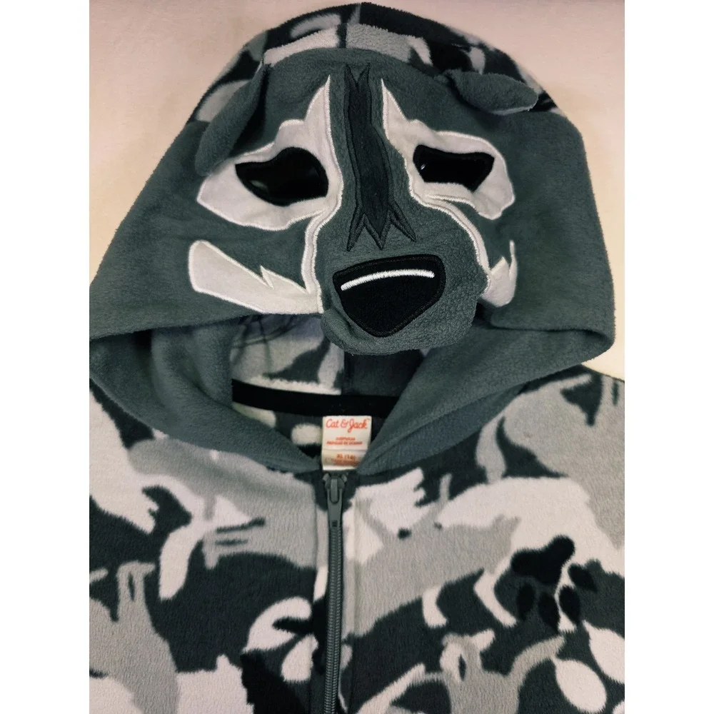 Cat & Jack One Piece Pajamas Kids XL‎ 16 Gray Wolf Hood Zip Cozy Sleepover Cabin
